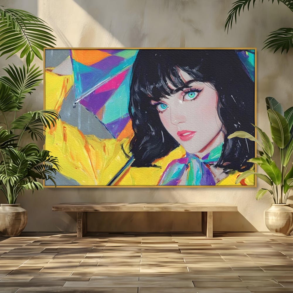 Tablou canvas cu pictura cu femeie bruneta si umbrela colorata, in rama de aluminiu auriu
